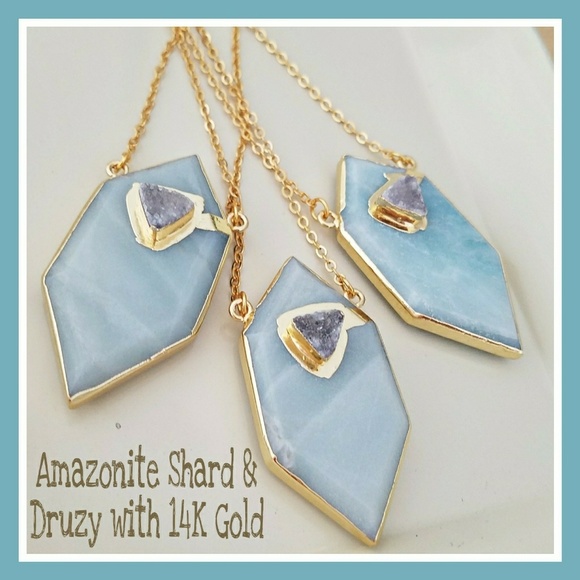 Bondhu Jewelry - Amazonite Shard and Druzy 14K Gold Necklace